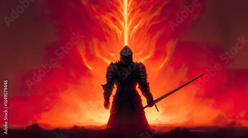 Silhouette warrior in fiery landscape