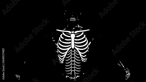 Anatomical skeleton illustration featuring rib cage and skull in black and white style design aesthetic created with generated ai