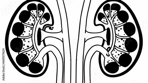 Illustration of two cross sectional kidneys with visible internal structures in black and white line art created with generated ai