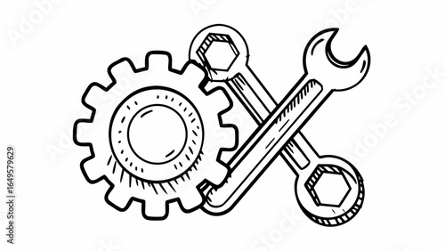 Gear and wrench illustration depicting mechanical tools and equipment in a simple black and white design created with generated ai