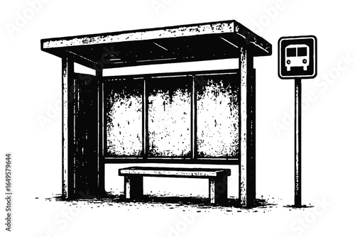 Vintage Black and White Bus Stop Vector Illustration - Empty Bus Shelter with a Bench and Sign in a Hand-Drawn Engraving Style.