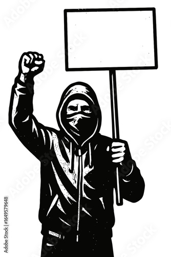 Vector Illustration of a Protester Holding a Blank Sign - Masked Person with a Raised Fist in a Vintage Engraving Style.