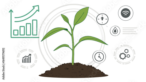 Illustration showing a plant growing from soil with growth charts and technology icons around it nicely done created with generated ai