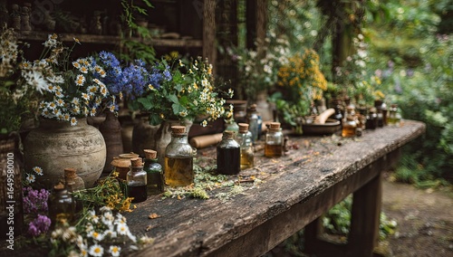 Rustic wooden table laden with herbs and potions.  Vases of wildflowers, small bottles of liquids, and dried herbs.  Old-fashioned apothecary setting in a garden