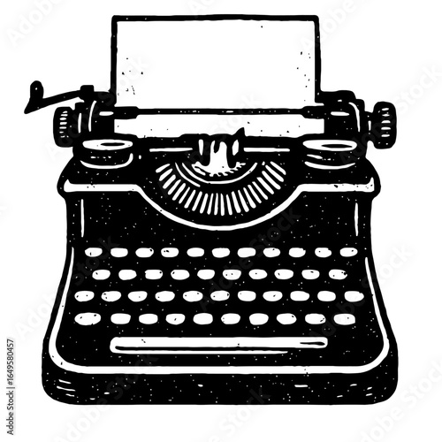 Old-Fashioned Typewriter Vector in Black and White Engraving Style - Classic Writing and Communication Tool.