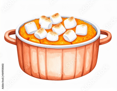 Sweet Potato Casserole with Toasted Marshmallows in Orange Pot Illustration