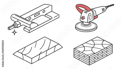 Illustration of woodworking tools including a router, sander, and wood planks in isometric view created with generated ai