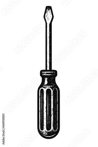 Flathead Screwdriver Vector - Hand-Drawn Black and White Graphic with Distressed Texture