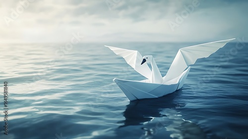 Elegant origami swan boat floating serenely on tranquil ocean water with open wings photo