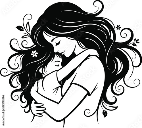 Mother embracing child with flowing hair and floral accents