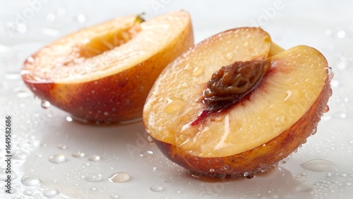 Close up of two peach halves with water droplets on a white surface in a studio setting