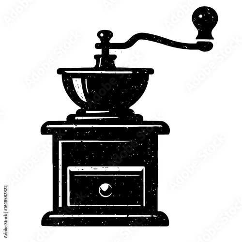 Grunge Black and White Coffee Grinder Vector - Rustic Hand-Drawn Kitchen Graphic for Barista, Cafe, and Drinks Designs