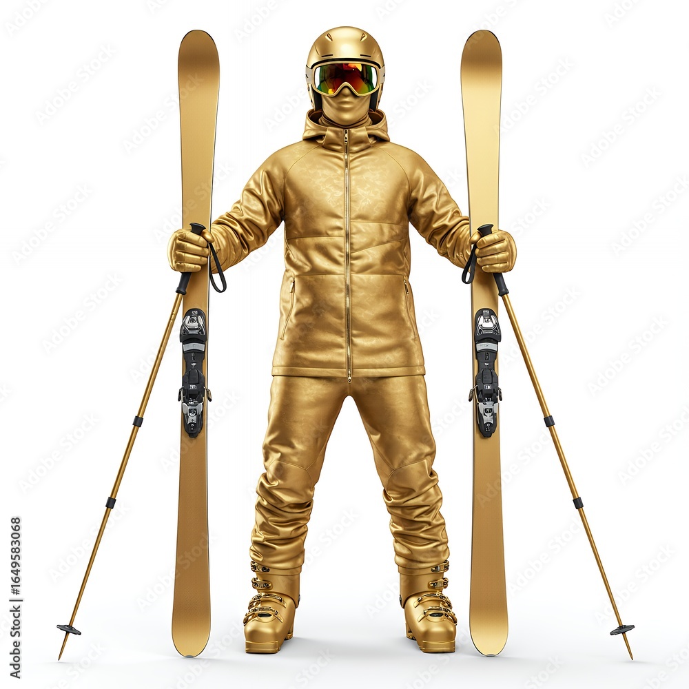 Obraz premium Male skier in gold metallic ski suit with helmet and goggles holding skis on white studio background luxury winter sportswear