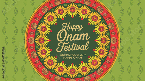 Happy Onam greeting card with sunflower floral border, traditional Kerala motifs, and festive wishes on elegant green background