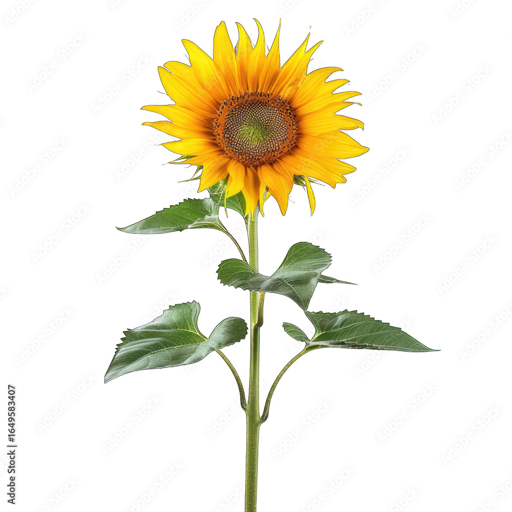 Obraz premium Isolated sunflower. Bright yellow flower head with dark center. Long, slender stem, dark green leaves. Detailed outline