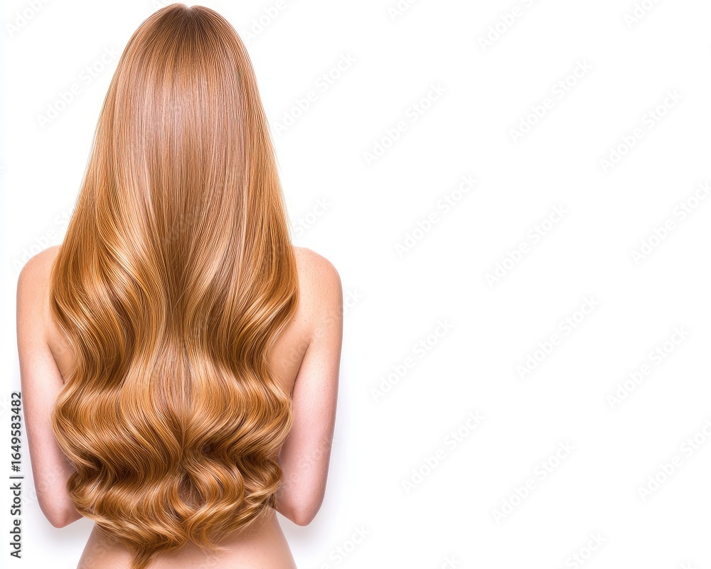 Fototapeta premium A woman from the back with long, flowing, reddish-blonde hair.