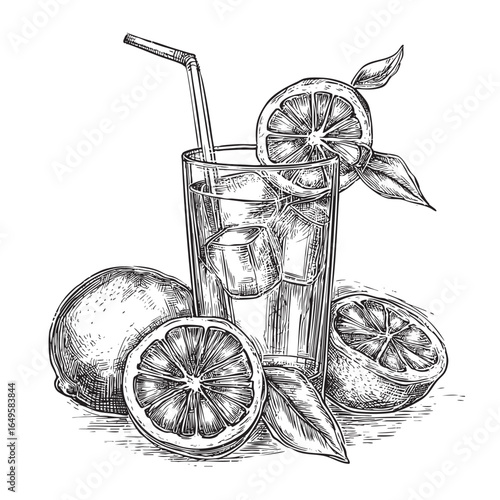 Lemonade Engraving Style Illustration with Citrus Fruits and Ice Cubes Vector, png