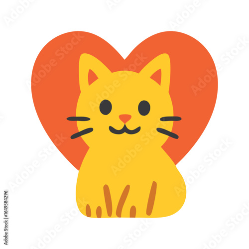 Yellow cat sits sweetly in front of a red heart, perfect for valentines day greeting cards, pet lover designs, cute illustrations.