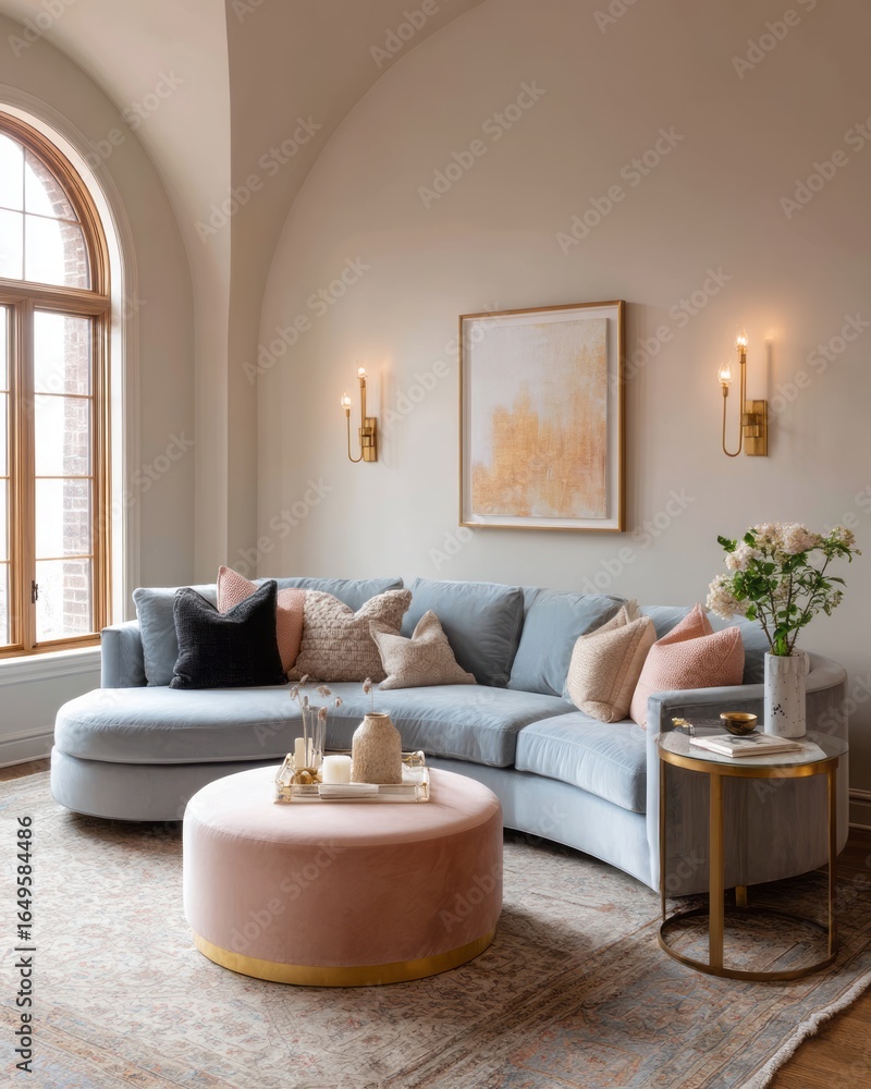 Fototapeta premium A light-filled living room with a curved sectional sofa and blush ottoman.