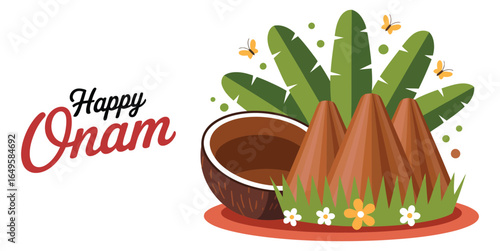 Happy Onam greeting with coconut halves, festive conical sweets, banana leaves, flowers and butterflies, traditional Kerala celebration