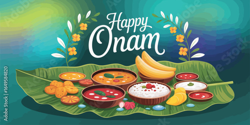 Traditional Onam Sadhya feast on banana leaf with rice, curries, chips, payasam and floral decor, Happy Onam greeting, Kerala festival