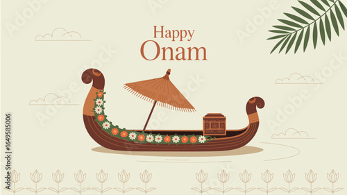 Happy Onam illustration with flower-decorated Kerala boat, canopy, palm leaves, and festive cloud background celebrating Indian harvest festival