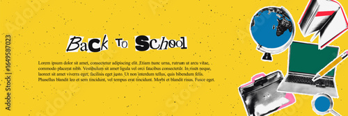 Back to school horizontal banner template with halftone collage elements arrangement, education concept. Modern retro mixed media vector illustration isolated on bold yellow background with copy space