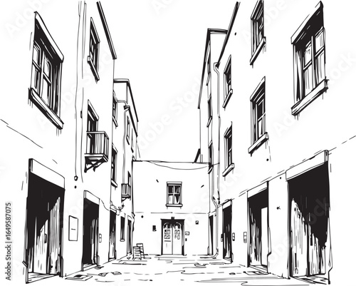 Gloomy urban alleyway, back streets. Hand drawn vector illustration