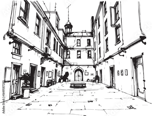 Gloomy urban alleyway, back streets. Hand drawn vector illustration
