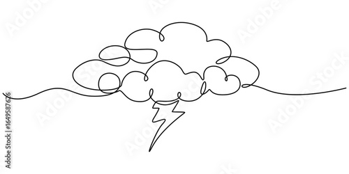 Single continuous line art rainy stormy cloud. One line sketch outline, vector illustration drawing, Sad emotional cloudy weather lightning design concept. One line sketch outline, vector illustration