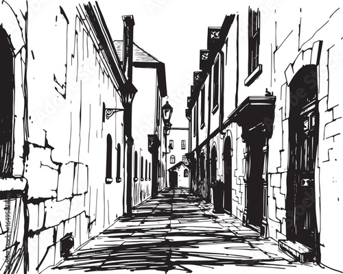 Gloomy urban alleyway, back streets. Hand drawn vector illustration