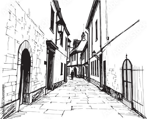 Gloomy urban alleyway, back streets. Hand drawn vector illustration