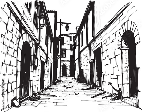 Gloomy urban alleyway, back streets. Hand drawn vector illustration