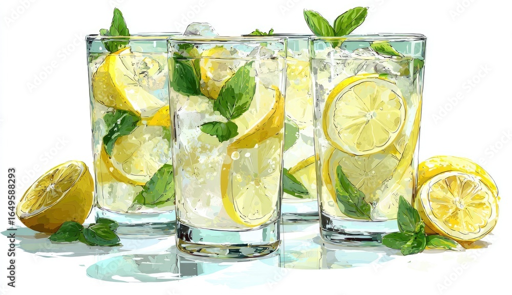 Fototapeta premium Three glasses of refreshing lemonade, garnished with lemon slices and mint leaves, sit on a light surface, with ice visible