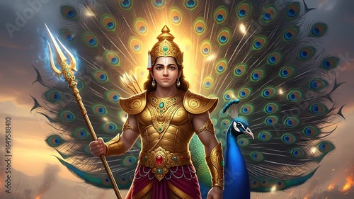 A Divine Animation of Lord Murugan, the Golden Armored Warrior God with His Majestic Peacock.
