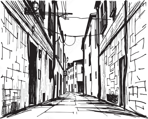 Gloomy urban alleyway, back streets. Hand drawn vector illustration