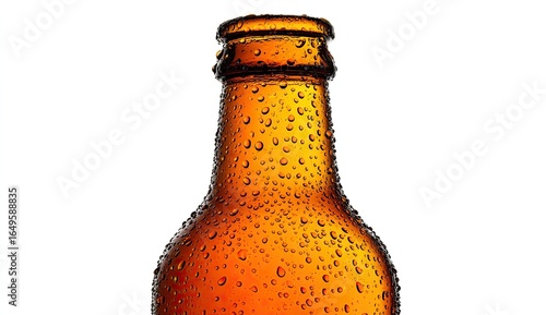 Close-up of a beer bottle neck and upper body, covered in condensation
