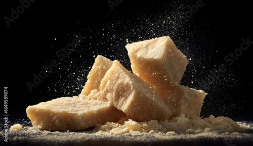 Hard cheese cubes, scattered, with powdered dust