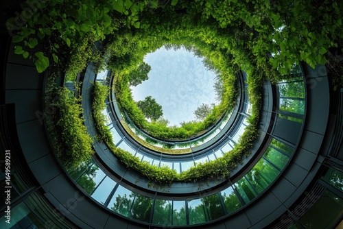 Verdant spiral building, lush greenery cascading around a central skylight