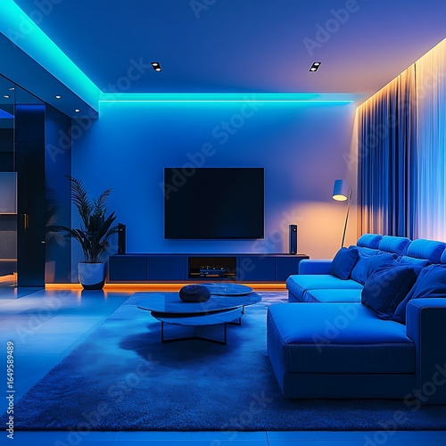 Modern and stylish interior design of a living room illuminated by ambient lighting photo