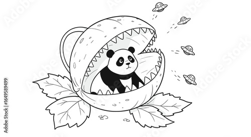 Cute panda inside a giant carnivorous plant with UFOs flying overhead in a whimsical coloring page