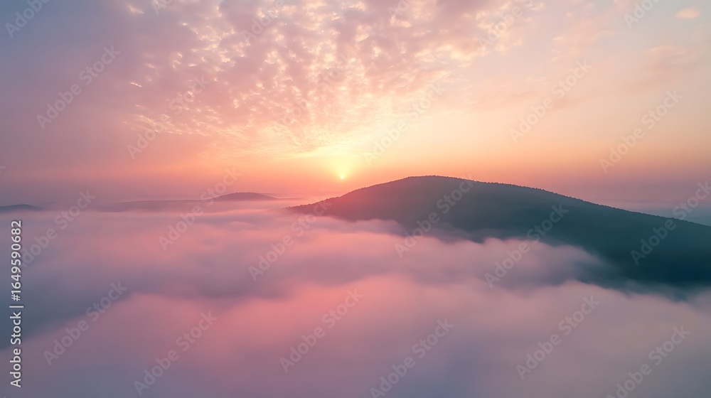 Fototapeta premium Aerial view of a mountain covered in fog under pastel morning hues