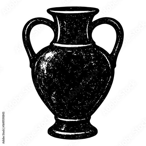 Hand-Drawn Vintage Amphora. A black and white vector graphic of a two-handled vase with a distressed texture for ancient or rustic designs.