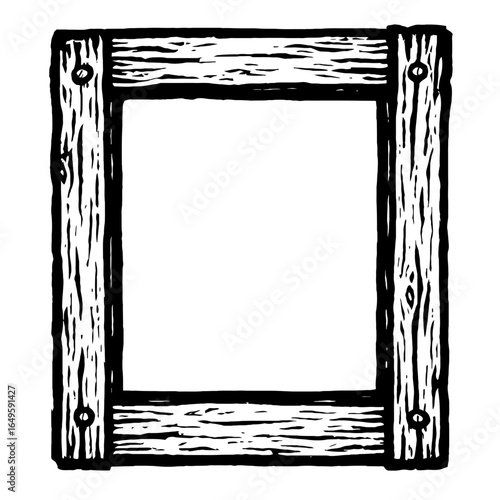 Hand-Drawn Rustic Wood Frame. A black and white vector graphic with a wood grain texture and riveted corners for a vintage or handcrafted design.