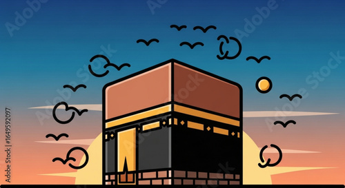 Explore the kaaba in mecca saudi arabia islamic pilgrimage hajj umrah with birds and sunset vector art