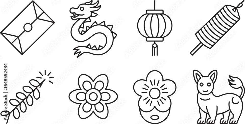 Fototapeta premium Chinese New Year Icons Set Outline Style Envelope Dragon Lantern Firecracker Flower Dog Vector