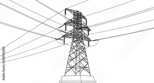 High voltage electricity pylon, power transmission tower, utility infrastructure, electric cable network, industrial energy structure, black silhouette vector, 