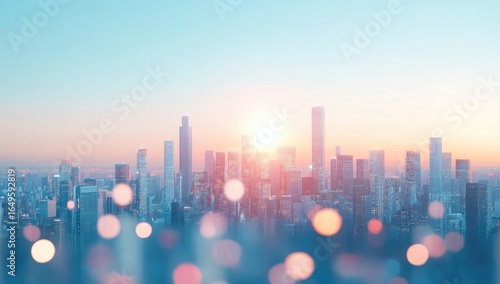 Blurred cityscape at sunrise, bokeh effect