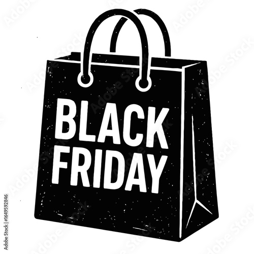 Black Friday Shopping Bag Vector - Grunge Black and White Icon for Sales, Commerce, and Retail