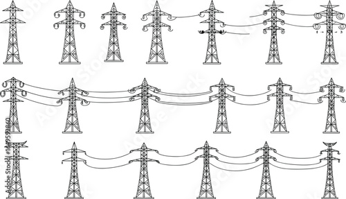 High voltage electricity pylons vector set, power transmission towers with cables, electrical grid infrastructure, utility poles, energy network elements for industrial design